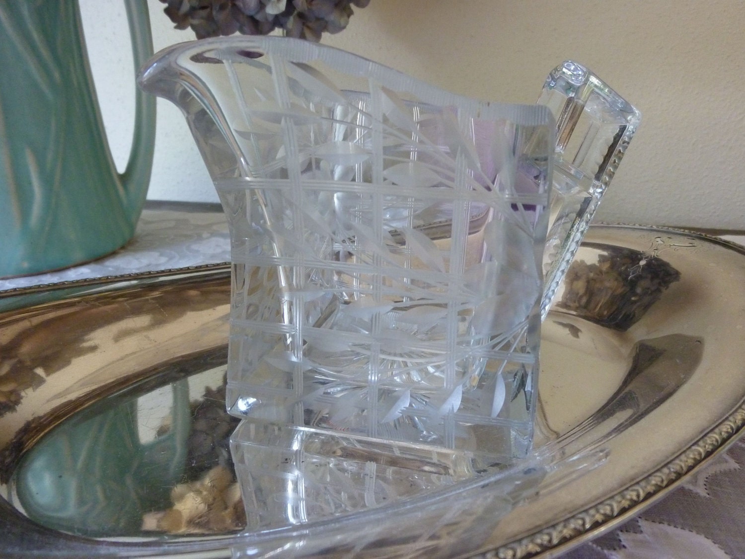Cut Glass Creamer - Etched Crystal Lattice and Floral Pattern on Square Shape