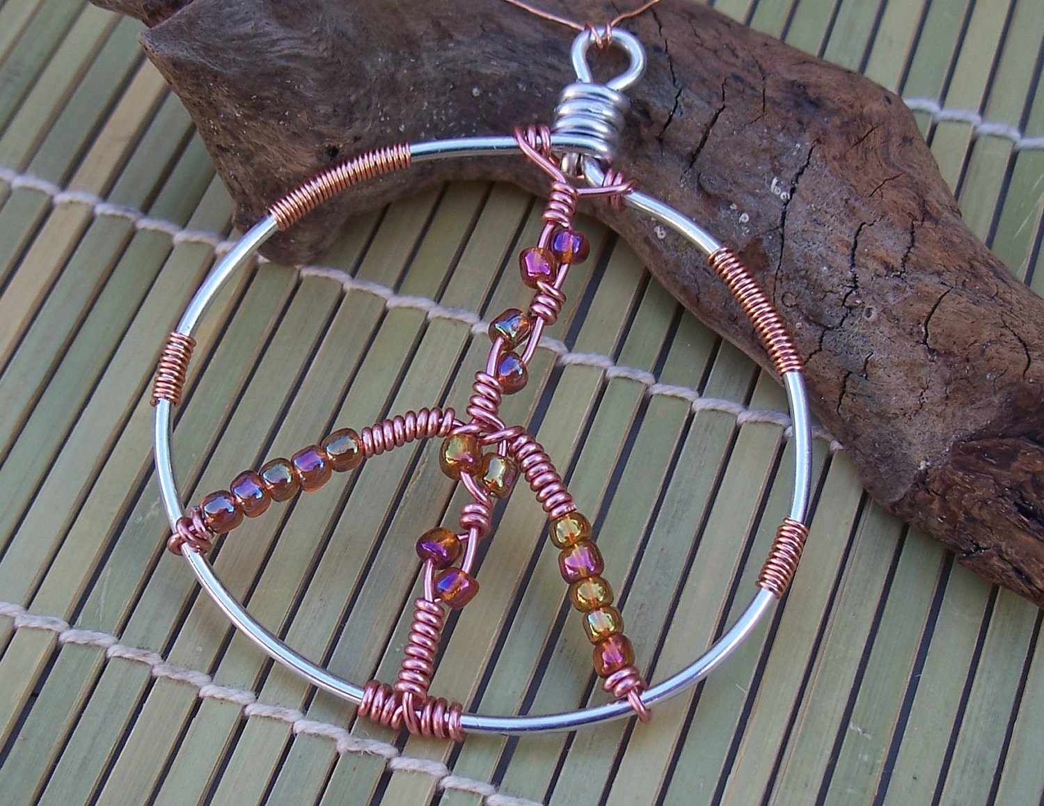 Beaded Copper Wire Wrapped Peace Sign Christmas Ornament: Holiday Decor, Window Decor, Tree Decor, Home Decor