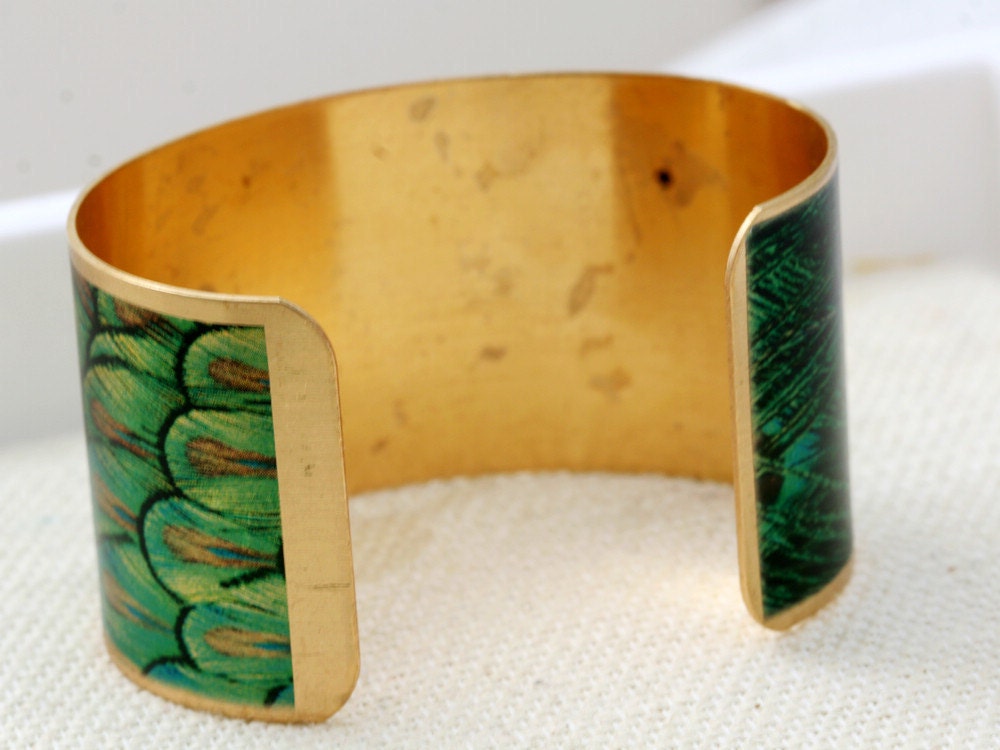 Green Peacock Feather Brass Cuff Bracelet