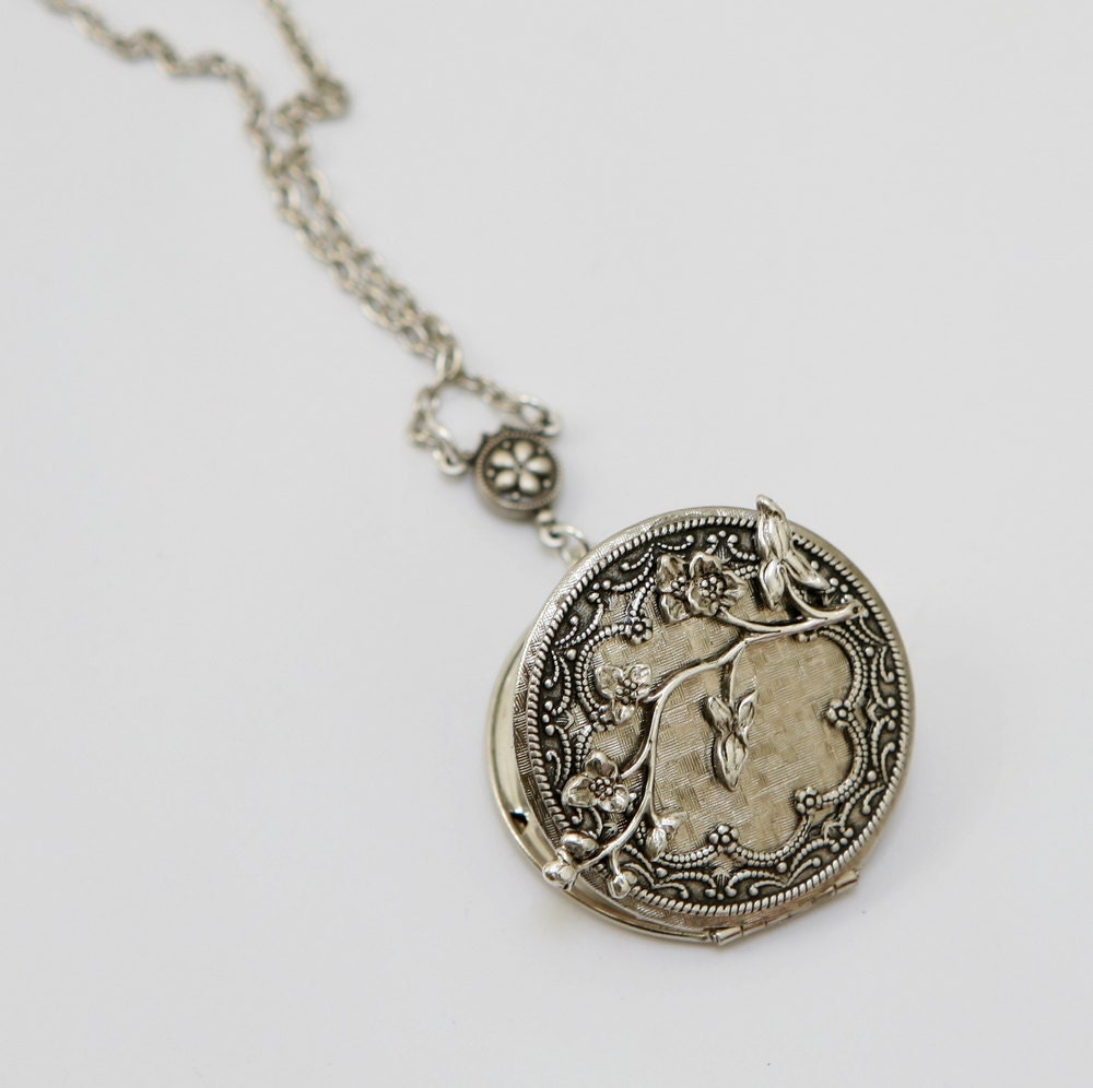 ON SALE Cherry Blossom,Locket,Silver Locket,Antique Locket,Flower Locket,Flower,vintage locket,Wedding Necklace,bridesmaid necklace