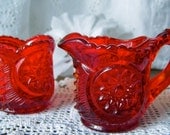 Vintage Ruby Red Glass Cream and Sugar Set