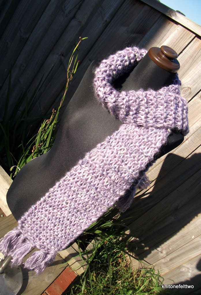 Hand Knitted lilac and silver sparkle scarf