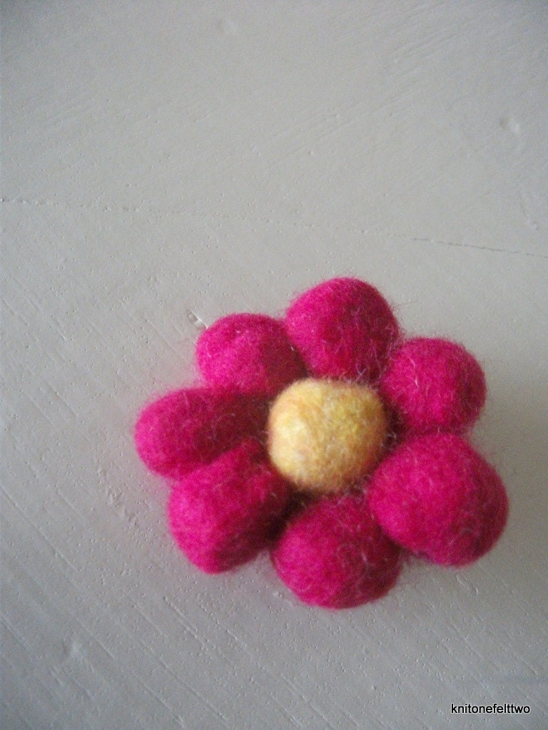 Pink and yellow handfelted flower brooch or hairtie