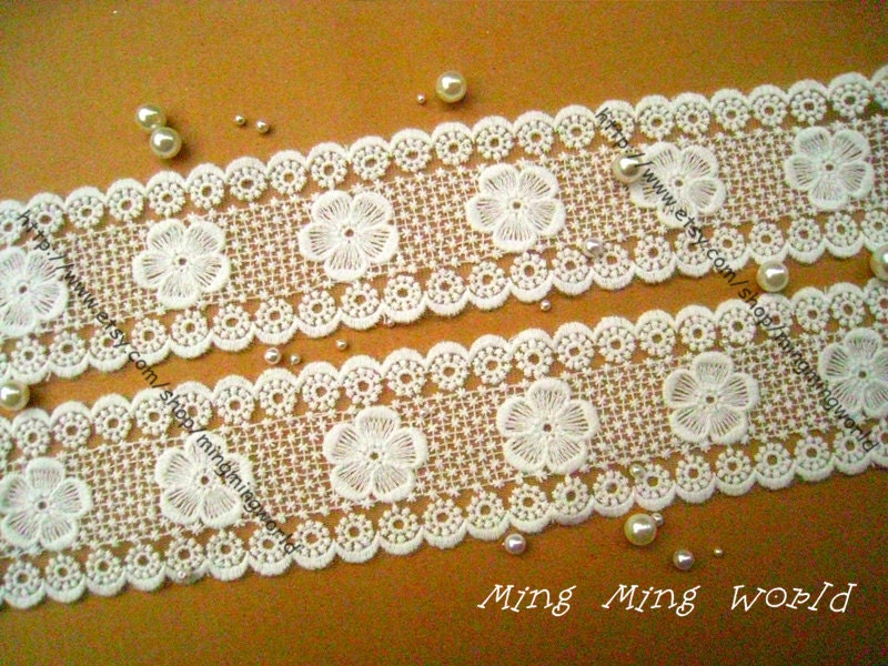 Cotton Embroridered Lace Trim- 2 yards Ivory Sakura Embroidered Lace Trim