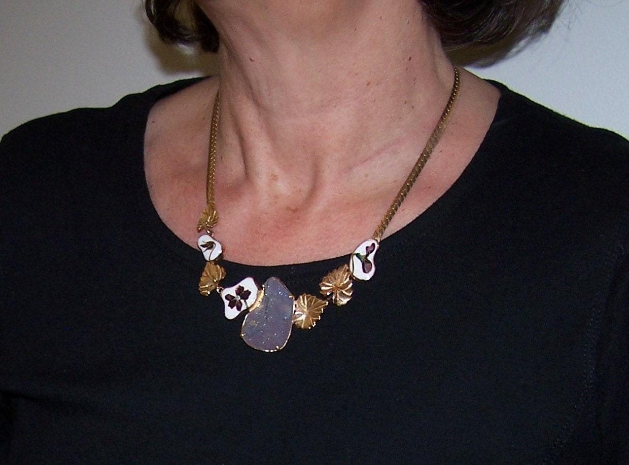 Handcrafted Gold Cloisonne Enamel Necklace with Amethyst Drusey Stone