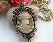 Pretty retro copper resin pink crystals queen head necklace pendant vintage style