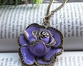 Pretty retro copper purple glaze rose flower necklace pendant jewelry vintage style