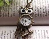 Retro copper owl on branch with black eyes pocket watch necklace pendant jewelry vintage style