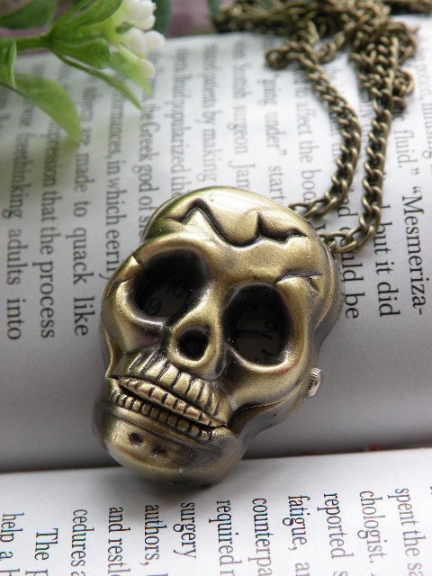 Terrible retro copper human skull can open mouth skulls head pocket watch necklace pendant vintage style