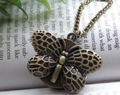 Pretty retro copper flying butterfly pocket watch necklace pendant jewelry vintage style