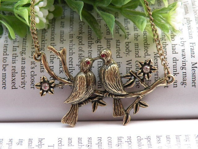 SALE Pretty retro copper red crystals eyes magpie bird couples in flowers necklace pendant vintage style