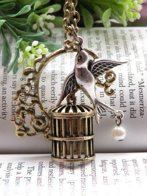 Pretty retro copper birdcage bird cage with silver swallow bird necklace pendant jewelry vintage style