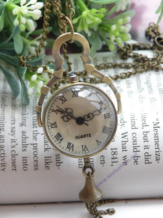 Retro copper transparent crystal sphere Ball pocket watch necklace pendant jewelry vintage style