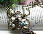 Pretty retro copper white crystals heart with rose flower and angel wings necklace pendant jewelry vintage style