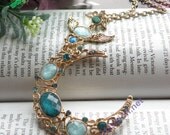Pretty retro gold moon with carved flowers and blue crystals necklace pendant jewelry vintage style