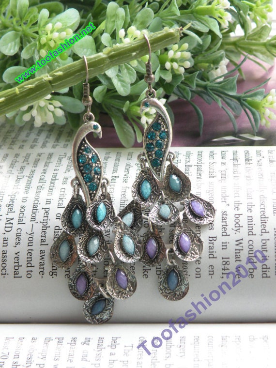 Pretty retro silver colorful filigree stone feathers peacock earrings vintage style