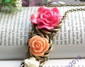 Pretty retro copper colorful resin rose flowers necklace pendant jewelry vintage style