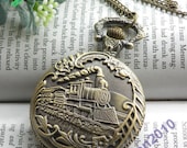 Pretty retro copper train with flower pattern pocket watch necklace pendant vintage style