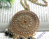 Luxury retro gold carved round shield with beads necklace pendant jewelry vintage style