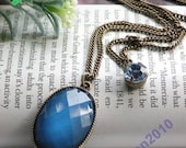 SALE - Pretty retro copper blue oval crystal with two chain necklace pendant vintage style