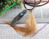 Pretty retro silver feather with leather chain necklace pendant vintage style