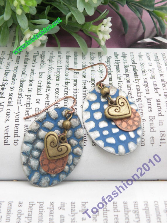 Pretty retro silver blue oval with copper drop and heart shap earrings vintage style
