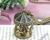 Pretty retro copper 3d black Rotation rocking horse necklace pendant jewelry vintage style