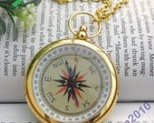 Pretty retro gold with compass pattern pocket watch necklace pendant vintage style