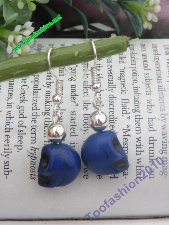 SALES-Pretty silver hooks with dark blue color turquoise skull head earrings vintage style