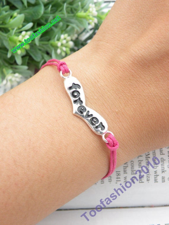 SALE - retro silver heart with pink wax rope chain bracelet pendant jewelry vintage style
