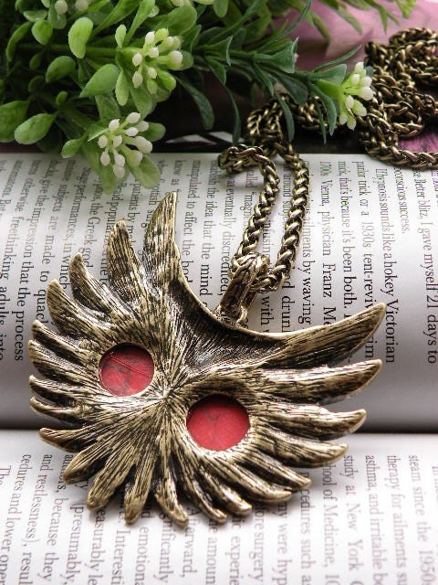 Pretty retro copper big owl head with red turquoise eyes pendant necklace vintage style
