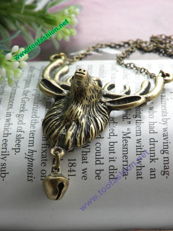 Pretty retro copper 3d moose elk head with a bell necklace pendant jewelry vintage style