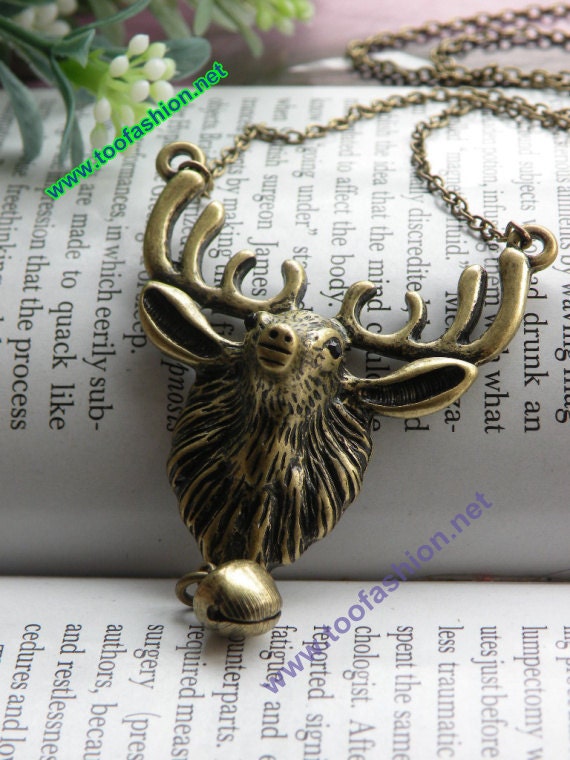 Pretty retro copper 3d moose elk head with a bell necklace pendant jewelry vintage style