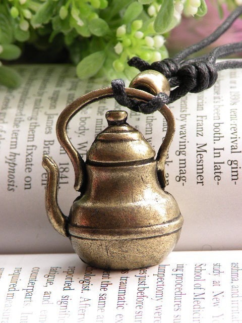 Pretty retro copper 3d three-dimensional wine pot kettle bottle with adjustable rope necklace pendant jewelry vintage style