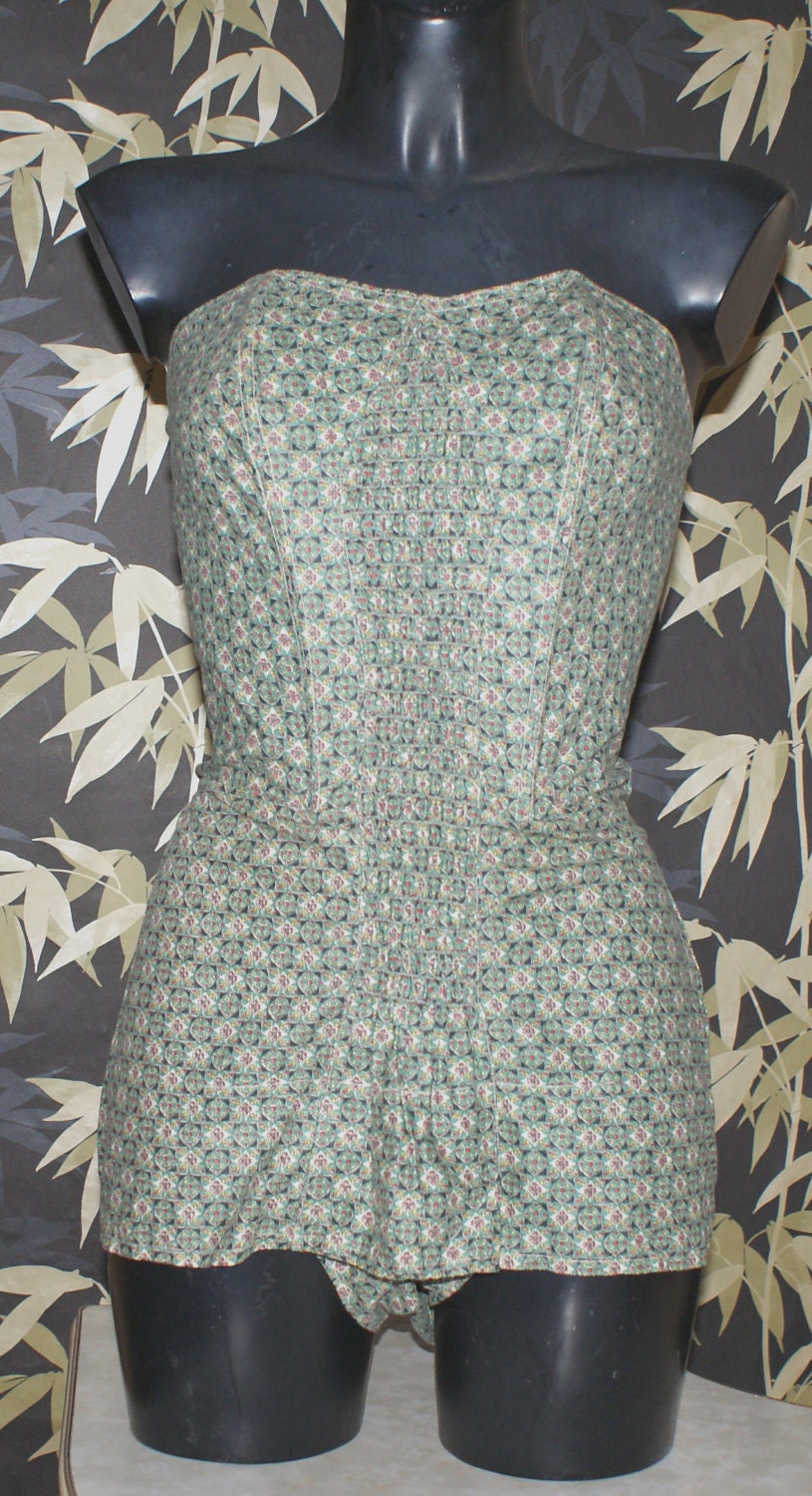 Vintage 1950s 1940s cotton ruched pinup tie back swimsuit S M Viva rockabilly