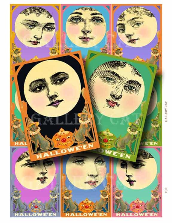 Halloween Moon Lady Digital Collage Sheet Instant Download for Paper Crafts Cards Original Whimsical Altered Art by GalleryCat CS92