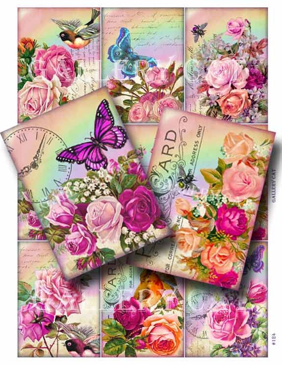 RAINBOWS and ROSES Digital Collage Sheet Instant Download Paper Crafts Tag Card Decoupage Original Whimsical Altered Art GalleryCat CS124