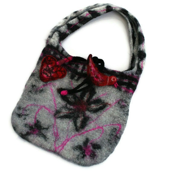 ON SALE Medium Felted Grey Black Purse - Bird and Heart Ties