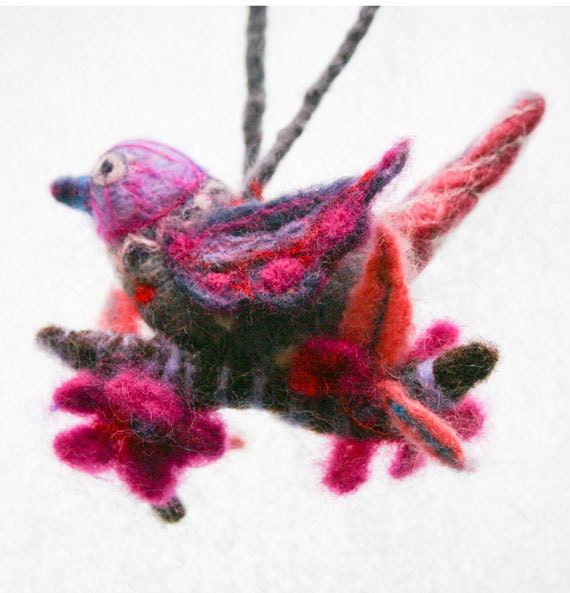 Needle Felted Decorative Ornamental Bird with Flowers