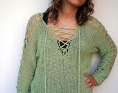 OOAK Lace Sweater Trendy Green Cotton Hand Knit Woman Sweater NEW COLLECTION