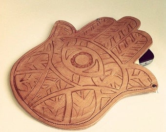 Fatima's Hand Leather Clutch - Cut carved and stained with love