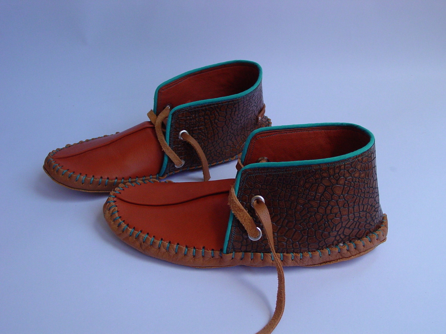 Handmade moccasins turquoise piping lamb skin and embossed leather 