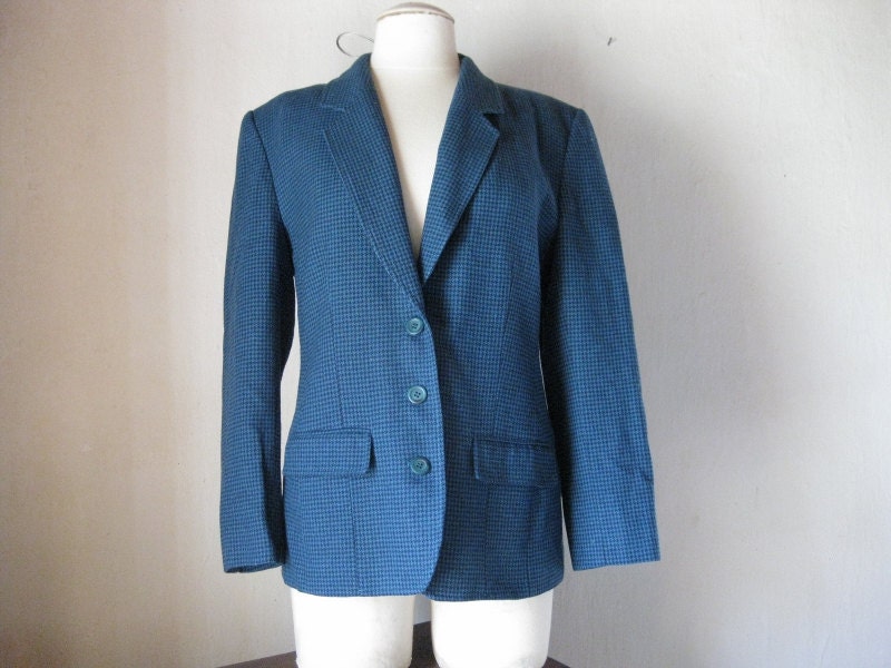 Pendleton Wool Houndstooth Blazer Teal Blue Womens Medium Made in the USA