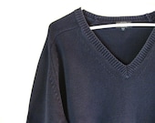 Lands End Navy Blue Cotton V Neck Sweater Mens Large Made in USA