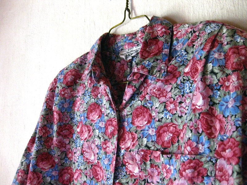 Floral Cotton Vintage Womens Shirt Pink Blue Size Medium