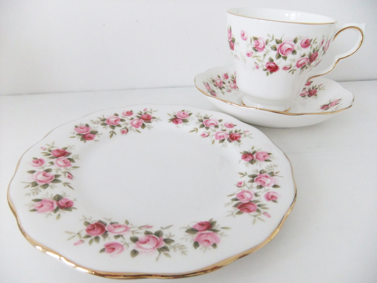 English china tea cup, plate and saucer - Colclough Cascade Roses china trio. Tea for One set.