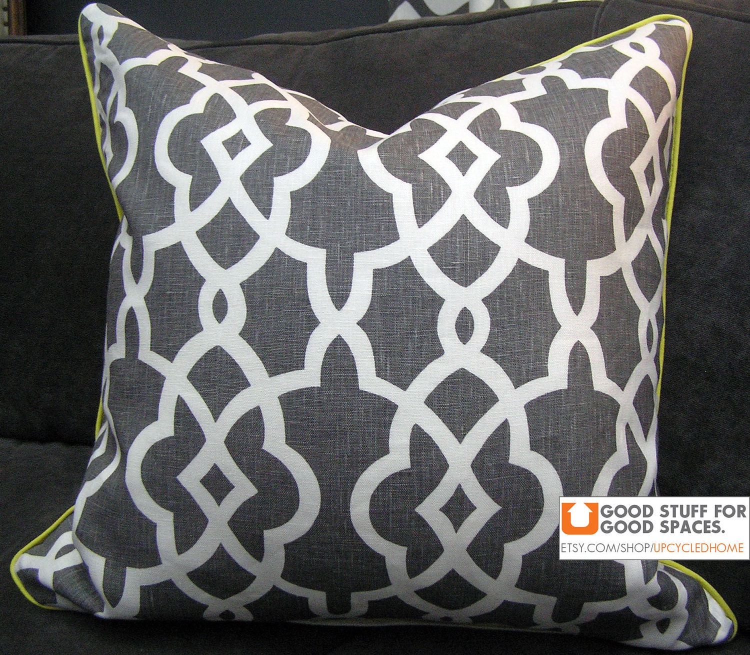 18 x 18" Designer Pillow Cover - Schumacher Summer Palace Fret Smoke Gray Linen