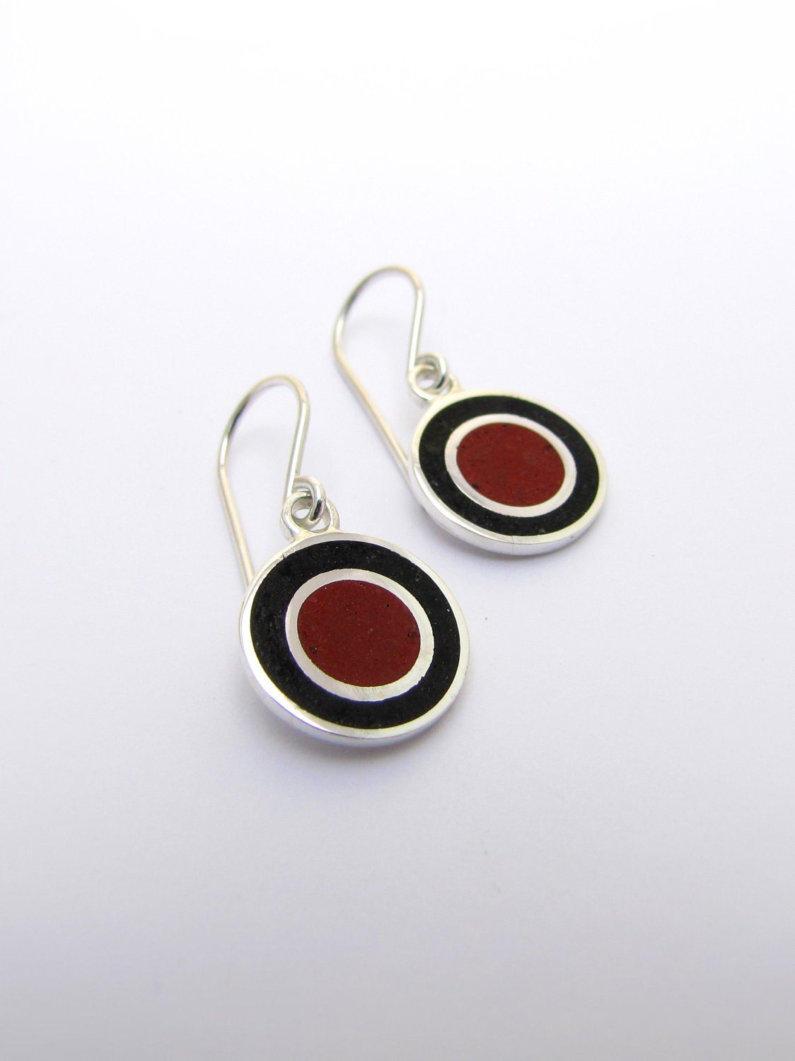 Sterling Silver Earrings - Black and Maroon  Circles -   Fun Playful Modern Design
