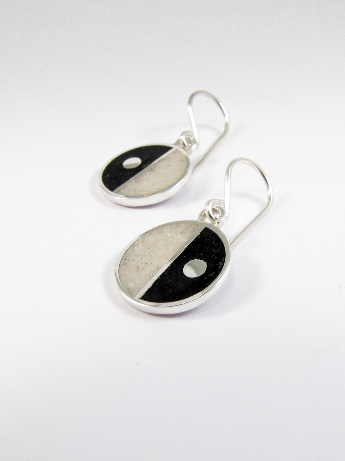 Sterling Silver Earrings - Divided Circles - Black and White