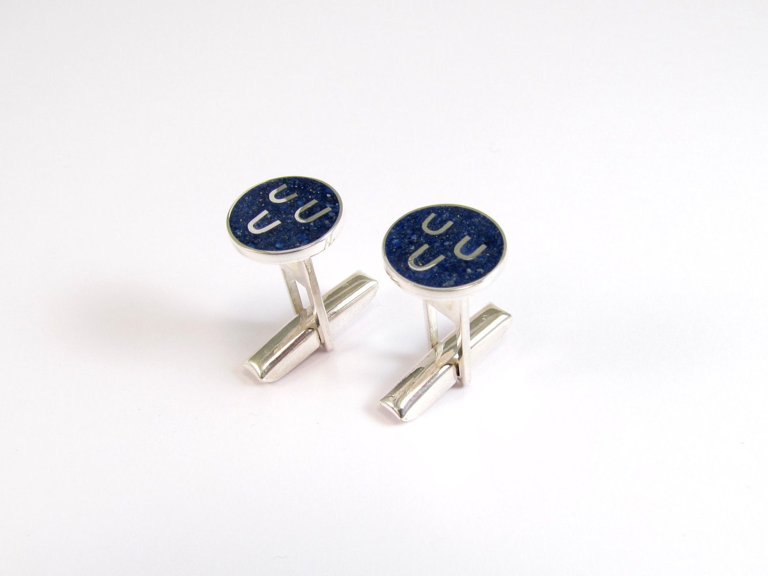 Sterling Silver Cufflinks - Blue Circle - Navy - Nautical - Waves